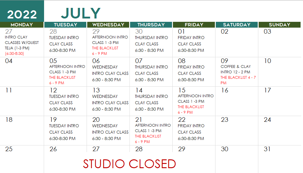 July Class Schedule