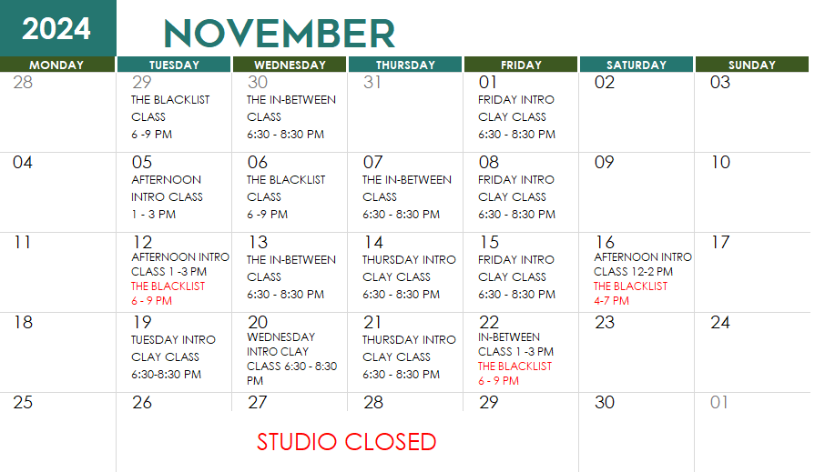 Nov. SC Class Schedule