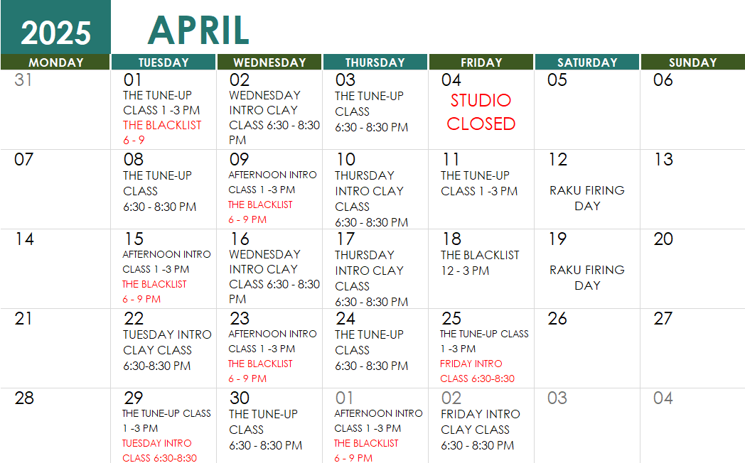 April SC Class Schedule