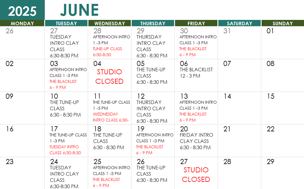 June SC Class Schedule